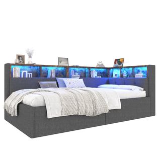 Lit Coffre 90x200 Cm, Éclairage LED Multicolore, Ports USB Et Type C,7 Niches, Mdf, Lin Gris