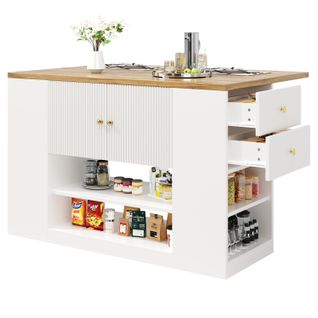 Îlot Centrale 140x40-70x90cm, Plateau Pliable, 2 Tiroirs, 3 Portes, Motif De Bois, Mdf, Métal, Blanc