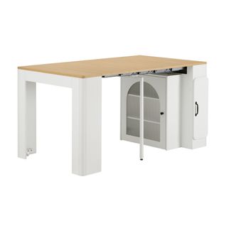 Îlot De Cuisine Sur Roulettes, Table Extensible 80×39.6/149.6×77cm, 3 Portes, Mdf, Verre, Blanc+bois