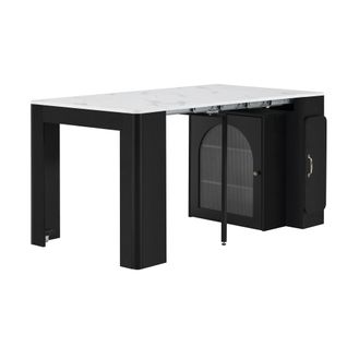 Îlot De Cuisine Extensible 80×39.6/149.6×77cm, Plateau Avec Motif De Marbre En Mdf, Noir Et Blanc