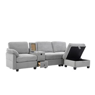 Grand Canapé 266x136x82 Cm, Console Centrale Amovible Et Port USB, Velours Côtelé, Gris Clair