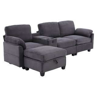 Canapé 266x136x82 Cm, Console Amovible Avec Porte Gobelets Et USB-c, Velours Côtelé, Gris Foncé