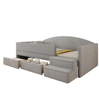Canapé-lit 90x190 Cm Avec 2 Tiroirs, Marchepied, Barrière De Sécurité, Gris, Velours