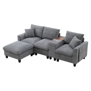 Canapé Modulable 229x149,5x83 Cm, Console Centrale Avec USB Et Porte-gobelets, Velours Côtelé, Gris