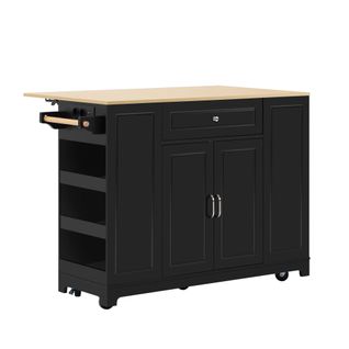 Îlot Mobile 131.8x40/70x93.3cm, Plan Extensible Avec Prises Intégrées, Mdf Noir Et Naturel