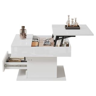 Table Basse Relevable 70x70x45cm, Plateau Pivotant à 360 Degrés, Rangement Caché, Tiroir, Pb, Blanc