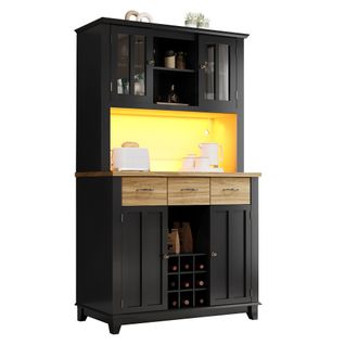 Buffet De Cuisine 106x40x179,5 Cm, LED, 4 Portes, 3 Tiroirs, 4 Niches, Rangement, Mdf, Noir, Bois