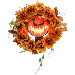 Couronne Halloween 44x44 Cm, Visage Citrouille, LEDs Clignotantes, Acier Et Polyester, Orange
