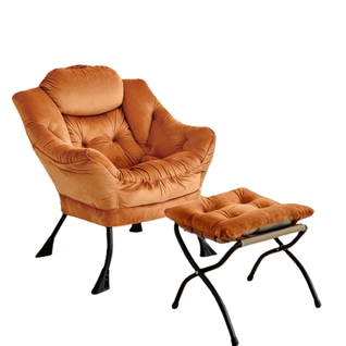 Fauteuil Avec Pouf, Dossier Ergonomique Et Poche Latérale, Tissu Et Métal, Couleur Orange