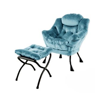Fauteuil Avec Pouf 72x62x96 Cm, Appui Tête Ergonomique Et Poche Latérale, Tissu Et Métal, Bleu
