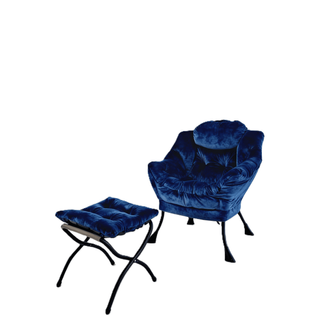 Fauteuil Relax Avec Pouf 72x62x96 Cm, Appui Tête Ergonomique, Tissu Et Métal, Bleu Foncé
