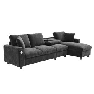 Canapé D'angle Moderne 4 Pl 280x137x84 Cm, Rangement, Coffre, Ports USB, Type C, Chenille Gris