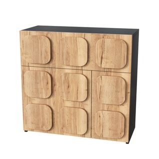 Buffet Moderne 79,6x34,8x81,5 Cm, Motif Bois, 3 Portes, 4 Compartiments, Bois Et Mdf, Bois Et Noir