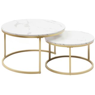 Lot De 2 Tables Basses Gigognes 80x80x45+60x60x33.5 Cm, Rondes, Métal, Motif Marbre, Blanc+doré