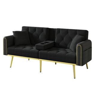 Canapé Convertible 175x80x73.5 Cm, 3 Inclinaison, Porte-gobelet Pliable, Velours, Noir+doré