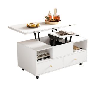 Table Basse Relevable 100 X 50 X 47,5 Cm, Plateau Rabattable Convertible, 4 Tiroirs, Mdf, Blanc