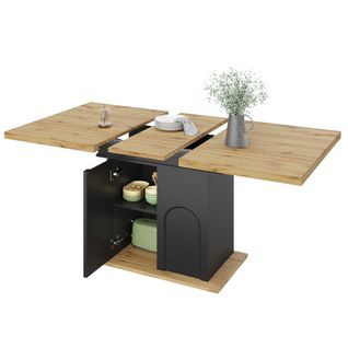 Table Extensible 110/140x80x76 Cm, Pour 2-6 Personnes, 2 Portes, Rangement Ouvert, Mdf, Noir+bois