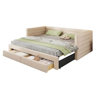 Lit Gigogne 90x190cm, Convertible En 180x190cm, 3 En 1, 2 Tiroirs, Tissu Lin, Beige