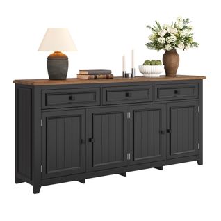 Buffet Moderne 160x35x76 Cm, Motif Bois, Design Minimaliste, 3 Tiroirs Et 4 Portes, Mdf, Noir