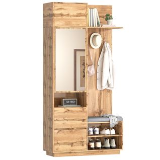 Meuble D'entrée 90x34,5x190 Cm, Miroir, Banc, Chaussures, Tiroirs, Mdf, Couleur Bois