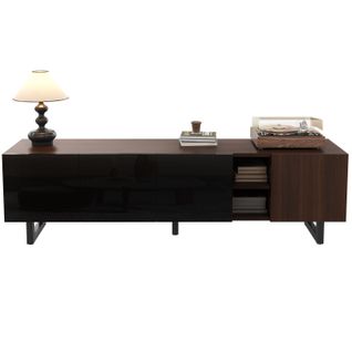 Meuble TV Bas 180x38x50 Cm à 4 Portes, 5 Niches, Design Unique, Motif Bois, En Mdf, Noir Et Marron