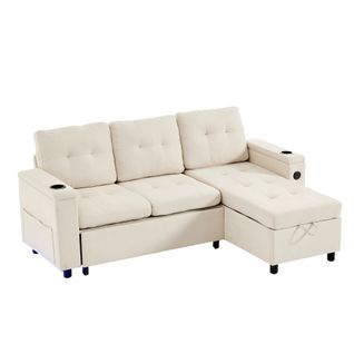 Canapé Convertible 208x146x89,5 Cm, Coffre De Rangement, 2 Porte-gobelets, LED, Tissu, Beige