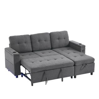 Canapé Convertible 208x146x89,5 Cm, Coffre De Rangement Et LED, Ports USB, Tissu Gris