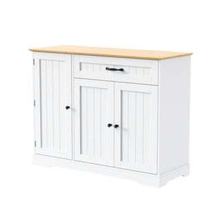 Desserte Moderne 107x40x84 Cm à 3 Portes Et Rangements, Tiroir, Motif Bois, Mdf, Blanc+couleur Bois