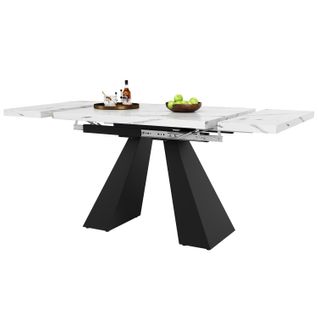 Table Extensible 99-159x74x77 Cm, Grande Surface, Mdf Et Métal, Motif De Marbre En Mdf, Blanc+noir