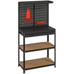 Établi 80x40,5x155 Cm, Panneau Perforé Avec Crochets, Tiroir, Mdf, Métal, Patins Antidérapants, Noir