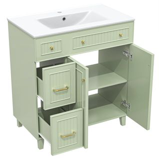 Meuble Vasque 81.7x46.8x90cm, Lavabo En Céramique, Mdf Et Pieds En Bois De Pin, Vert+blanc