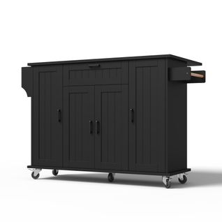 Îlot De Cuisine 120x45(70)x95 Cm, 4 Portes, Tiroir, Plateau Extensible Sur Roulettes, Mdf, Noir