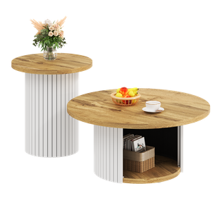 Lot De 2 Tables Basses Rondes 75x75x35+45x45x50cm, Table Basse Modulable, Mdf, Couleur Bois+blanc