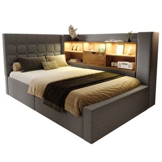 Lit Coffre 90x190 Cm, Éclairage LED Et Ports USB, Tête De Lit En L Réversible, Lin Gris