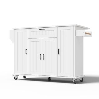 Îlot De Cuisine 120x45(70)x95 Cm, Plateau Extensible Sur Roulettes, 4 Portes, Tiroir, Mdf, Blanc