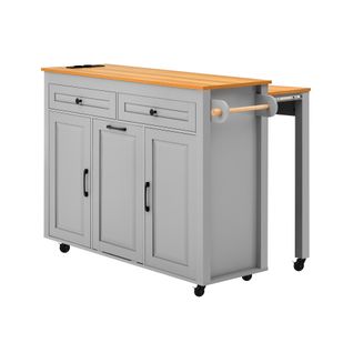 Îlot De Cuisine 120 X 40-75 X 92cm, Plan Extensible Avec Prises Et Tiroir Poubelle, Mdf, Gris+bois