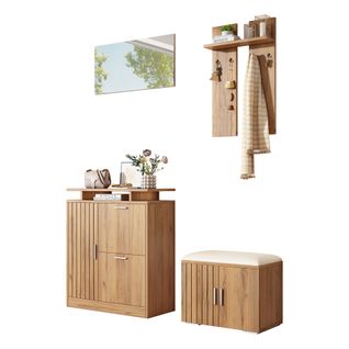 Ensemble D'entrée, Banc Avec Miroir Et Rangement Chaussures, 5 Portes, Pb, Couleur Bois