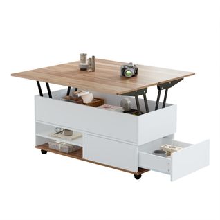 Table Basse 100x98x65 Cm, Plateau Relevable, Tiroir, Porte, Rangement Caché, 2 Niches, Blanc+bois