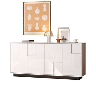 Buffet 160x37x75,5 Cm, 4 Portes Géométriques, Laqué Brillant, Panneau De Particules, Blanc Et Noir