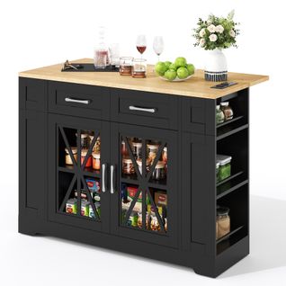 Îlot De Cuisine 120x65/90x92cm, Plateau Extensible, Prises Ac Et USB, Mdf, Noir Et Naturel