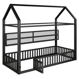Lit Cabane 90x200 Cm, Forme De Maison Avec Toit, Barrière De Sécurité, LED, Métal, Noir