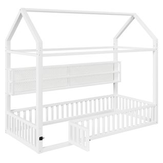 Lit Cabane 90x200cm, Forme De Maison, Barrières De Sécurité, Éclairage LED 7 Couleurs, Métal, Blanc