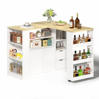 Îlot De Cuisine 115x50x92 Cm, Plan De Travail Extensible Et Pivotant, Rangements, Mdf, Blanc+bois