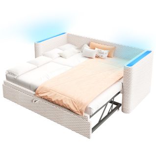 Lit Gigogne 90x200 Cm, Convertible En 180x200 Cm, 2 En 1, Bande LED, Velours, Mdf, Beige