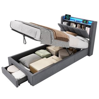 Lit Coffre Gris 90x190cm Avec LED, USB Et Tiroir, Tête De Lit Avec Rangement, Velours Et Bois