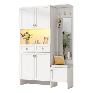 Meuble D'entrée 120x33.5x180cm, Portemanteau Miroir, Banc, LED, 5 Portes, 2 Tiroirs, Pb, Blanc