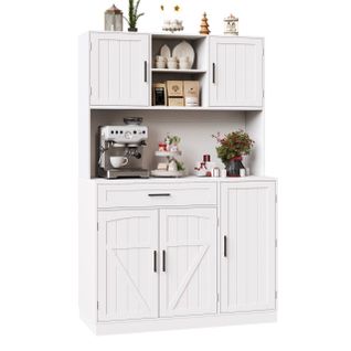 Buffet Haut De Cuisine 110x38x180 Cm, Grand Rangement Avec LED Et Prise, Mdf Et Métal, Blanc