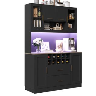 Buffet Haut De Cuisine 120x36,3x180 Cm, LED, Prise Avec USB, Grand Rangement, Mdf Et Métal, Noir