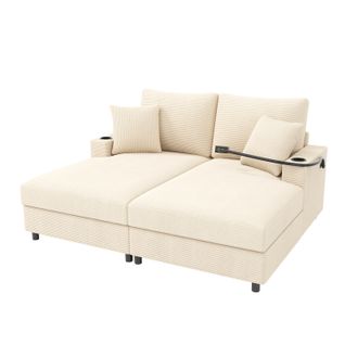 Canapé Convertible 163x140x82 Cm, Fonction Relaxation Et Ports USB, Velours Côtelé Beige