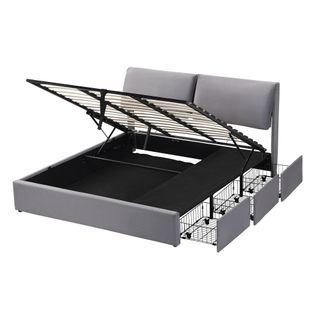 Lit Coffre 160x200 Cm, 3 Tiroirs, Rangement Caché, Tête De Lit Ajustable, Velours, Gris